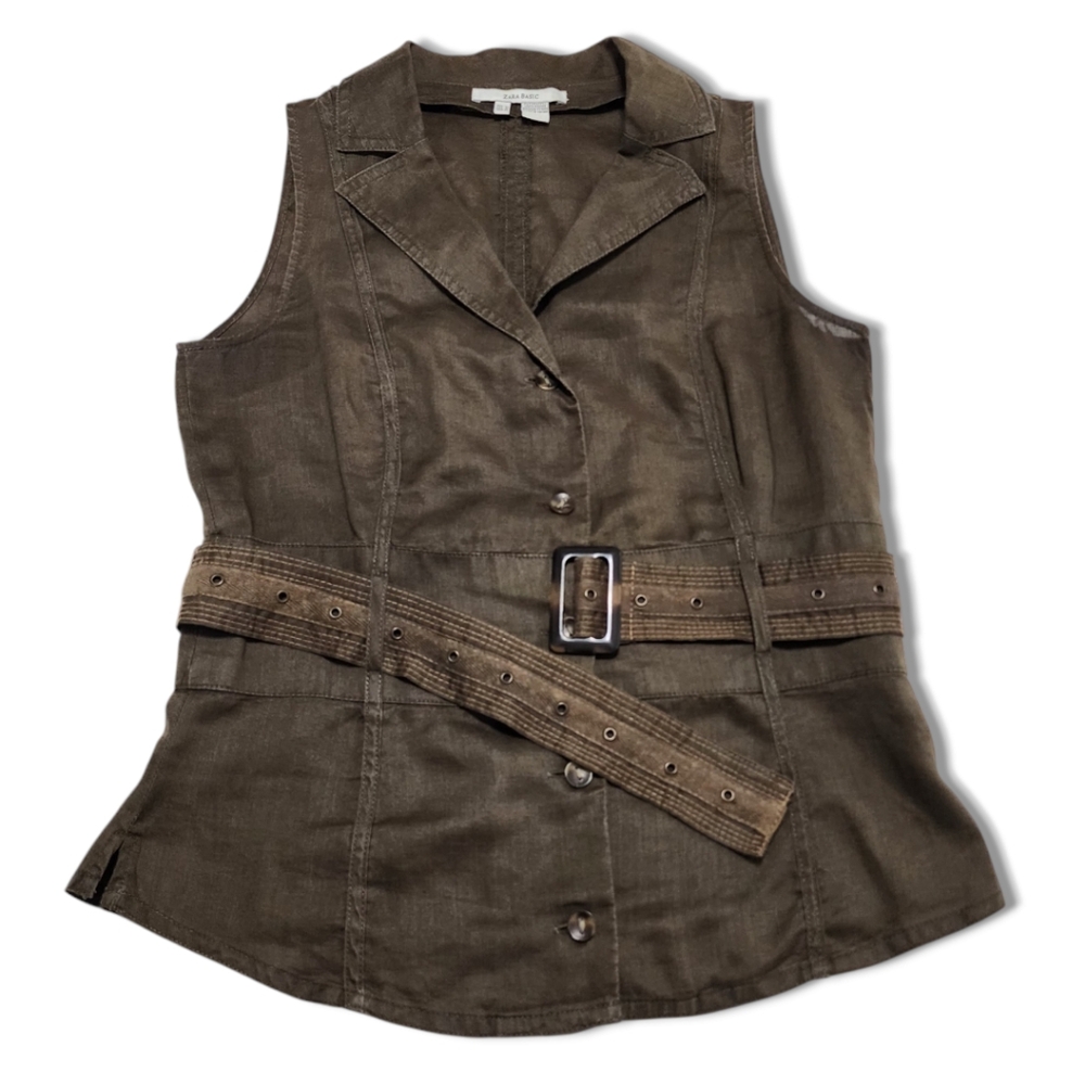 Zara Basic Women Vest Sz M Khaki Green Vintage Utility Style Belt, 100% Ramie